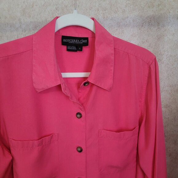 Bright Pink Long Sleeve Button Blouse Size L Monterey Bay - Picture 2 of 15